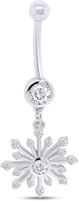 AFFY Snowflake Belly Button Ring for Women Simulated Birthstone, Round Cut Gemstone in 14K Gold Over 925 Sterling Silver, Navel Barbell Piercing Jewelry for Her