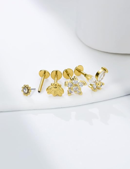 14K Gold Filled 20G 18G 16G Threadless Flat Back Earrings Studs Surgical Stainless Steel Opal CZ Push In Nose Rings Studs Tragus Helix Conch Cartilage Earrings Piercing Jewelry For Women Men