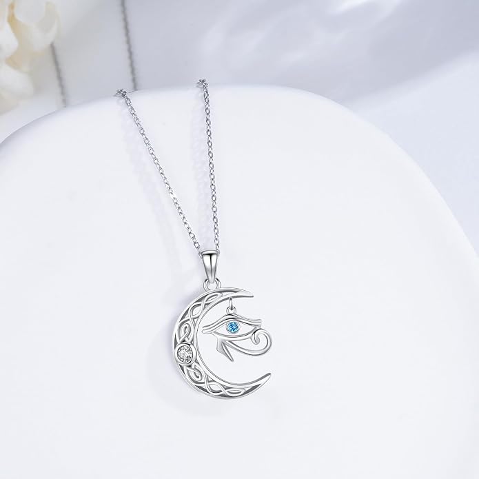 TRISHULA Crescent Moon Necklace 925 Sterling Silver Eye of Horus Animal Moon Pendant with Heart Crystal Birthday Jewelry Gift for Women Christmas Gifts for Her