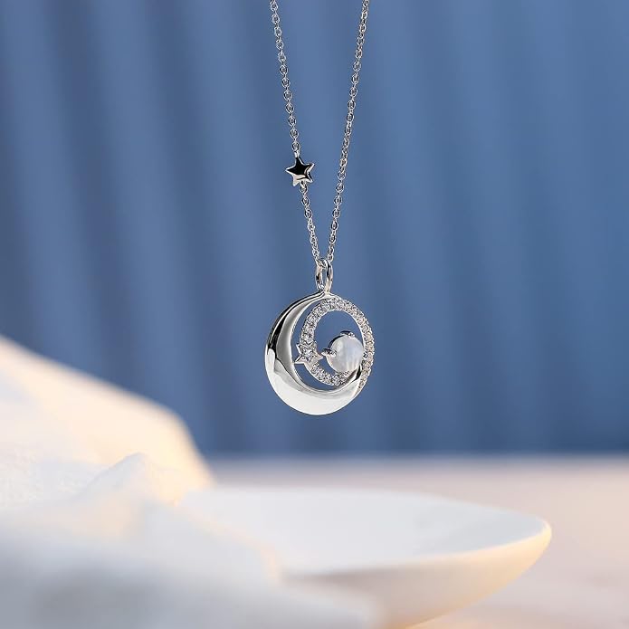 FANCIME Birthstone Necklaces 925 Sterling Silver Moon and Star Pendant Fine Jewelry Birthday Mothers Day Gifts for Mom Wife Her Daughter, Adjustable Chain 16+2"