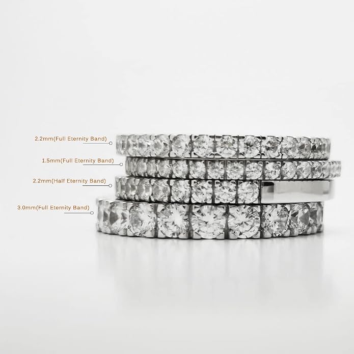 Bo.Dream 1.5mm/2.2mm/3mm Round Cubic Zirconia CZ Full/Half Eternity Rings Wedding Band Sterling Silver