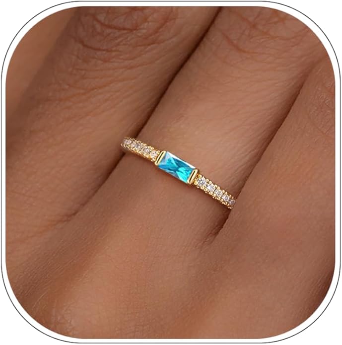 RLMOON Birthstone Gold Rings for Women Non Tarnish 14K Gold Plated Eternity Stackable Rings Dainty CZ Gemstone Engagement Rings Wedding Band Jewelry Gifts Size 4-10
