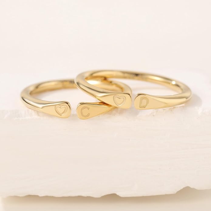 14k Gold Filled Hand Carving Initial Rings for Women Non Tarnish Wedding Heart Shaped Bands for Women