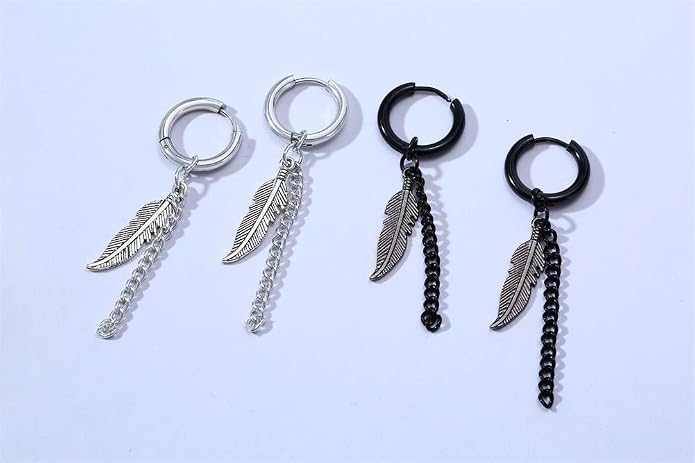 VNOX Unisex Vinatge Stainless Clip On Earrings Non Piercing Feather Charm Dangle Hinged Stud Earrings for Men Women Teen
