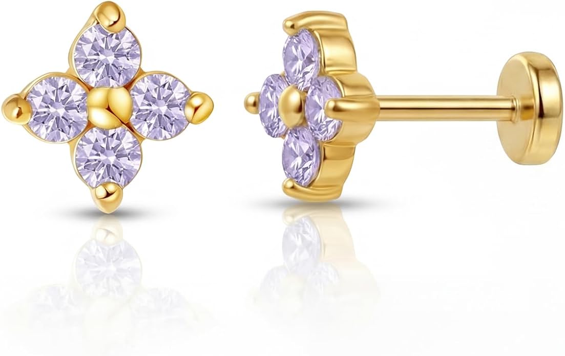 FANSING Short Threadless Cartilage Earring Stackable CZ Birthstone Flat Back Earrings for Women Small Stud Earrings for Tragus Helix Earlobe 18K Gold Plated ‌Rainbow 5.0mm