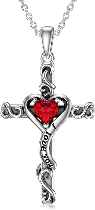 TOUPOP Cross Birthstone Necklace for Women 925 Sterling Silver Heart Cross Pendant I Love You Jewelry Anniversary Birthday Mothers Day Gifts for Mom Wife Her