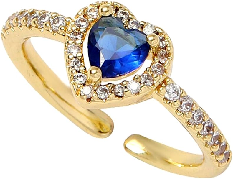 Gold Birthstone Rings for Women Non Tarnish 14k Gold Plated Dainty Heart Rings Adjustable Size Cubic Zirconia Ring Gold Simulated Gemstone Rings Birthday Gifts for Women