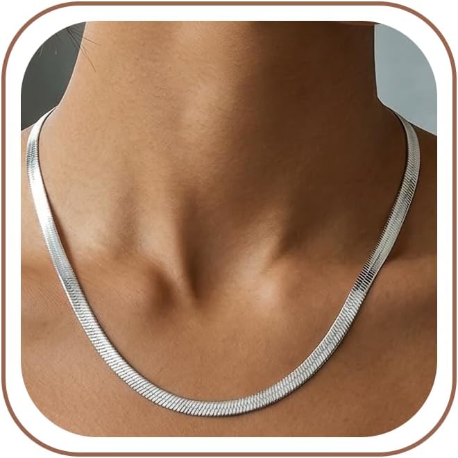 14K Gold/Silver Plated Stainless Steel Herringbone Necklace for Women, Dainty Snake Chain Choker, Trendy Simple Long Layered Jewelry, Non Tarnish 4mm Flexible Flat Necklace, Made in Italy