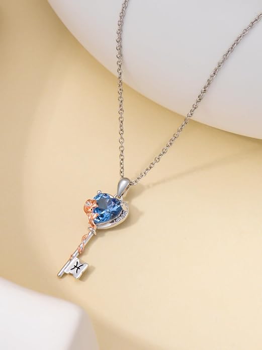 OCJ Zodiac Necklace for Women 925 Sterling Silver Rose Flower Key Pendant Necklaces Zodiac Birthstone Jewelry Wife Birthday Anniversary Christmas Gifts for Her