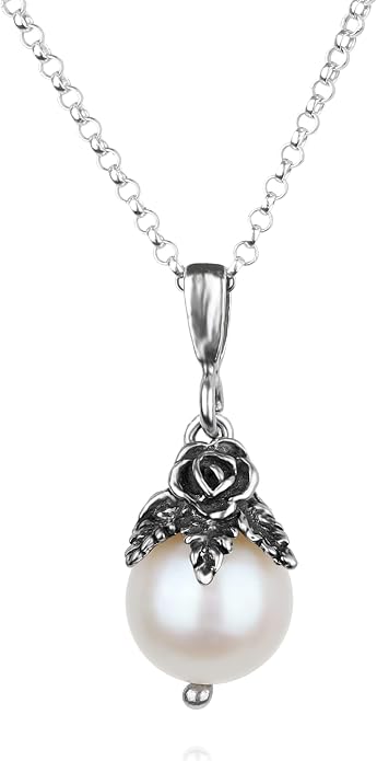 Paz Creations 925 Sterling Silver Pearl Pendant Necklace with Round Ball-Shape White Freshwater Pearl and Handcrafted Floral Cap - Natural Elegant Jewelry