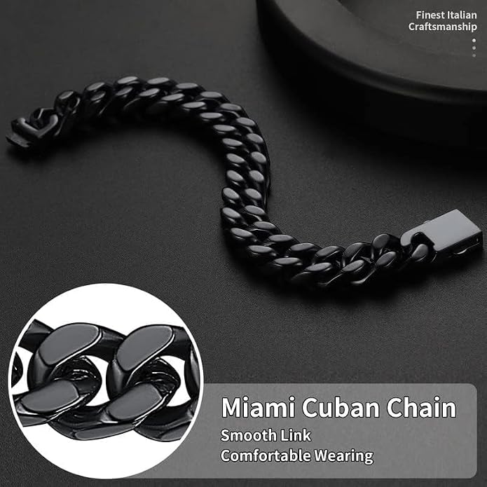 ChainsHouse Stainless Steel Cuban Link Bracelet for Men, 5mm/7mm/9mm/12mm Width, 7.5"/8.3"/9" Length, Black/18K Gold Plated Chain Wrist Bracelets for Men, with Gift Box