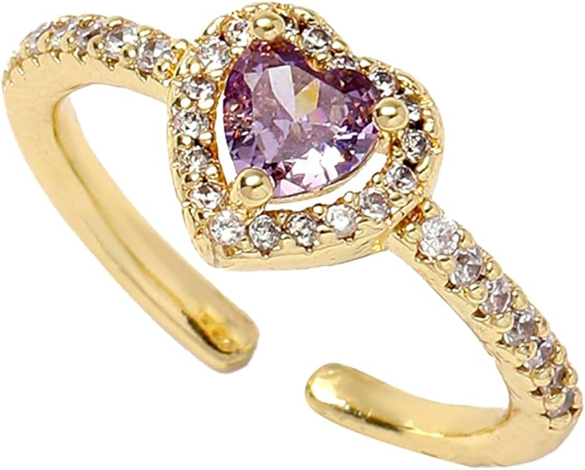 Gold Birthstone Rings for Women Non Tarnish 14k Gold Plated Dainty Heart Rings Adjustable Size Cubic Zirconia Ring Gold Simulated Gemstone Rings Birthday Gifts for Women