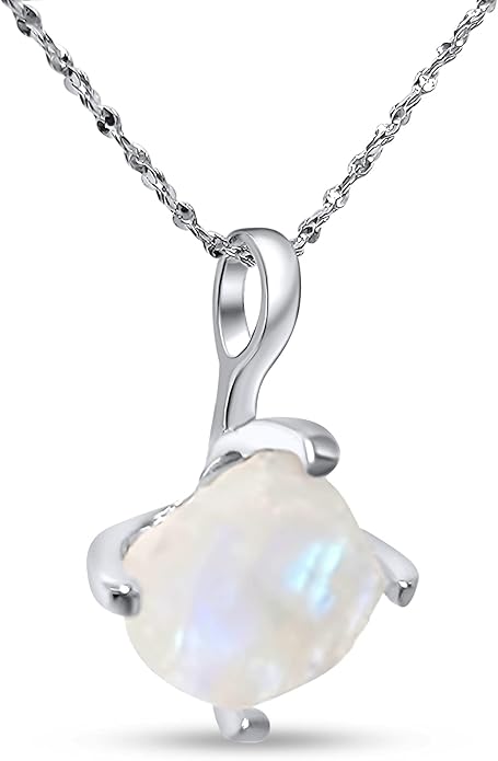 Natural raw gemstone pendant chain necklace with white gold over 925 solid sterling silver, birthstone dainty solitaire gift for her, uniquelan jewelry