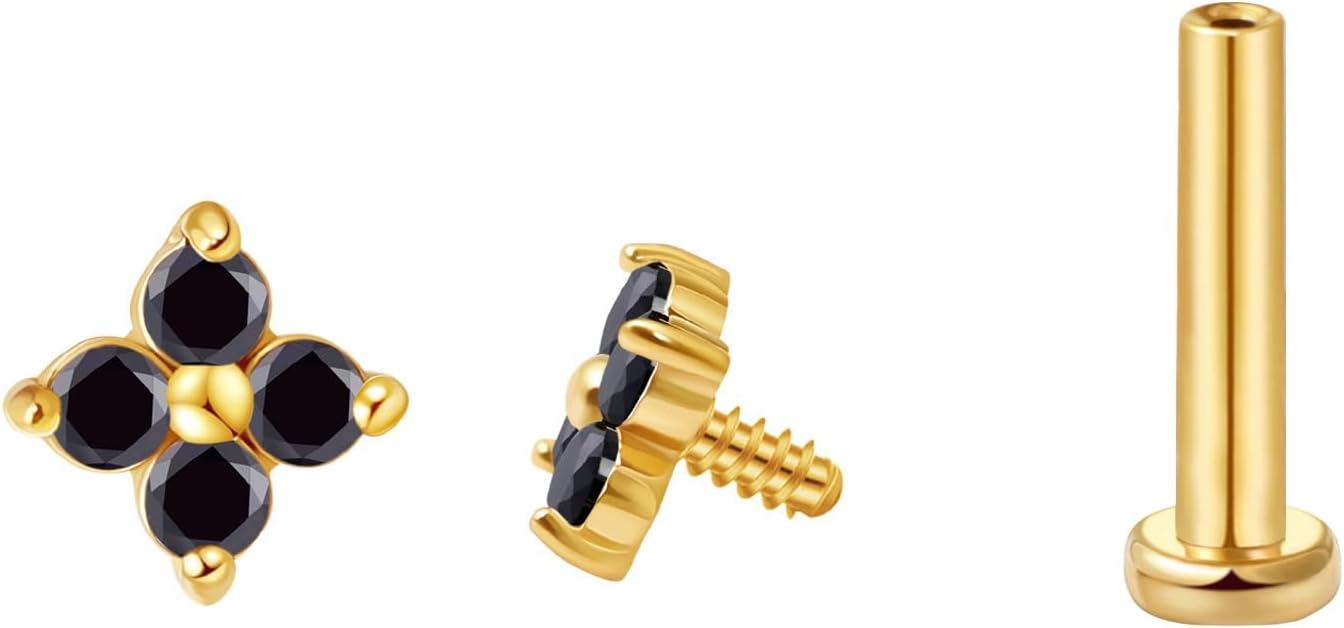 FANSING CZ Flower Internally Threaded Flat Back Earring Labret Stud for Cartilage Tragus Helix Conch