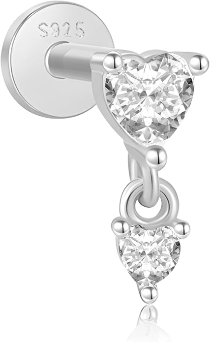 1PC Sterling Silver 925 Flat Back Helix Piercing Jewelry Cartilage Earring for Women 16G Heart CZ Dangle Internally Threaded Tragus Conch Stud Daith Screw Gift