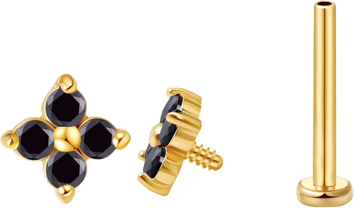 FANSING CZ Flower Internally Threaded Flat Back Earring Labret Stud for Cartilage Tragus Helix Conch