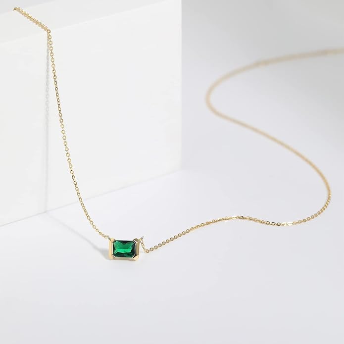 Meissa Square Emerald Earring Necklace Set for Women 925 Sterling Silver Emerald Earring Necklace Set Handmade Gold Necklace May Birthstone Jewelry Gift