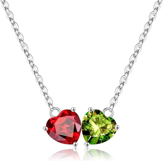 Iefil 1.25Ct Double Heart Birthstone Necklace - 925 Sterling Silver Birthstone Necklace, Birthday Gifts for Women, Jewelry Gifts for Mom Daughter Wife