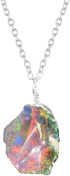 Raw Ethiopian Fir Opal Pendant Necklace for Women, Dainty Pendant, Handmade October Birthstone, Hypoallergenic Spiritual Healing Stone 925 Sterling Silver Chain 20" Birthday Gifts