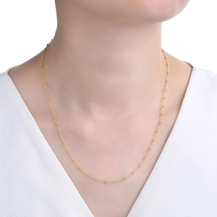 Adabele Solid 925 Sterling Silver Gold Filled White Gold Satellite Bead Station Chain Necklace Cute Dainty Thin Tarnish Resistant Hypoallgeneric Women Neck Jewelry
