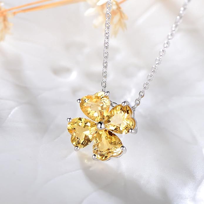 JIANGXIN Colorful Birthstone 925 Sterling Silver Handmade Pendant Necklace for Women Lucky Four Leaf Clover Plant Shamrock Jewelry Rhodium Plated