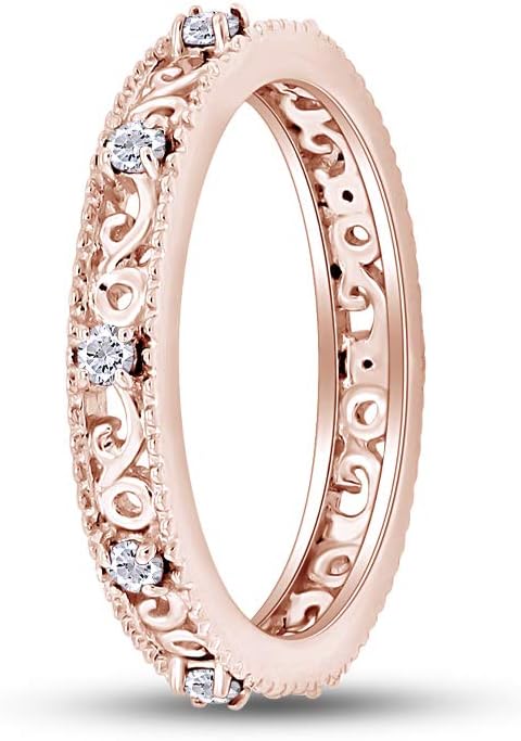 Jewel Zone US Filigree Eternity Wedding Band Ring for Women, Round Cut Simulated Gemstone Stackable Promise Ring in 14K Gold Plated 925 Sterling Silver Band Width 3.5mm – Elegant Jewelry for Her