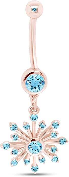 AFFY Snowflake Belly Button Ring for Women Simulated Birthstone, Round Cut Gemstone in 14K Gold Over 925 Sterling Silver, Navel Barbell Piercing Jewelry for Her