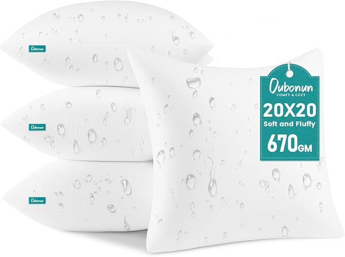 Oubonun 20x20 Waterproof Outdoor Pillow Inserts – Pack of 4 Firm & Fluffy, Water Resistant Throw Pillows for Patio, Garden, Porch, or Indoor Decorative