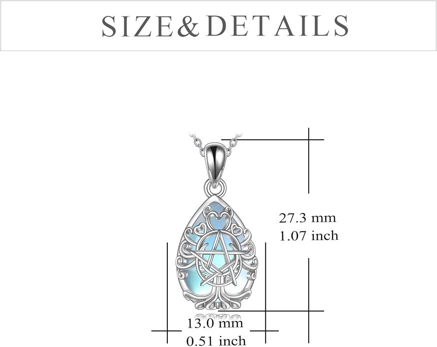 YFN Triple Moon Goddess Necklace Sterling Silver Pentagram Pentacle Opal Pendant necklace Pagan Wiccan Magic Amulet Tree of Life Jewelry for Women Men 18"
