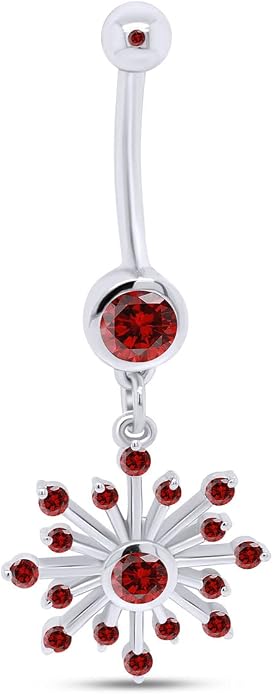 AFFY Snowflake Belly Button Ring for Women Simulated Birthstone, Round Cut Gemstone in 14K Gold Over 925 Sterling Silver, Navel Barbell Piercing Jewelry for Her