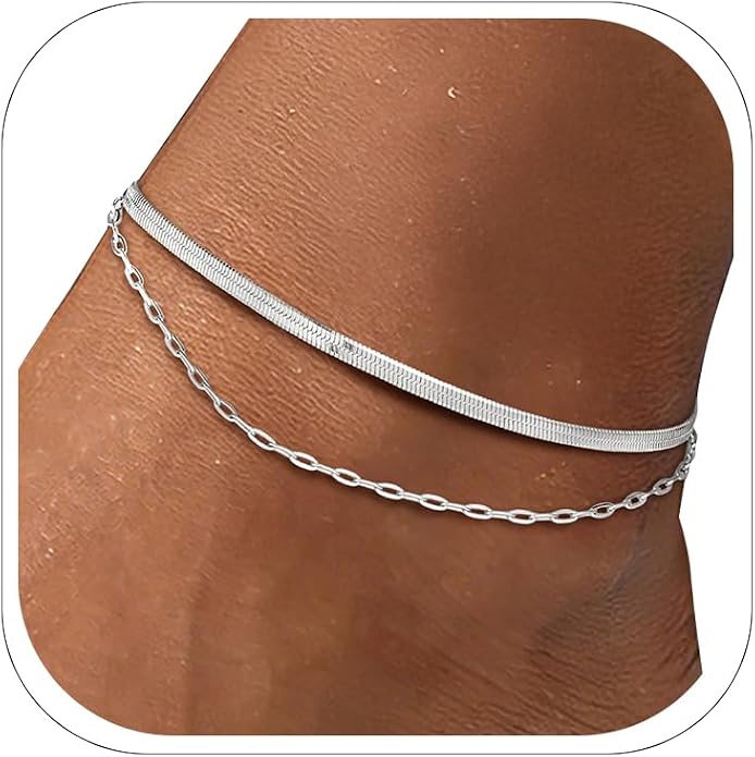 FOCALOOK 14K Gold Plated Anklets for Women Waterproof Plus Size Ankle Bracelet 8.5-10.5 Inch Adjustable Mariner/Figaro/Flat Snake/Cuban Link Chain Anklet Jewelry for Summer Beach Holiday