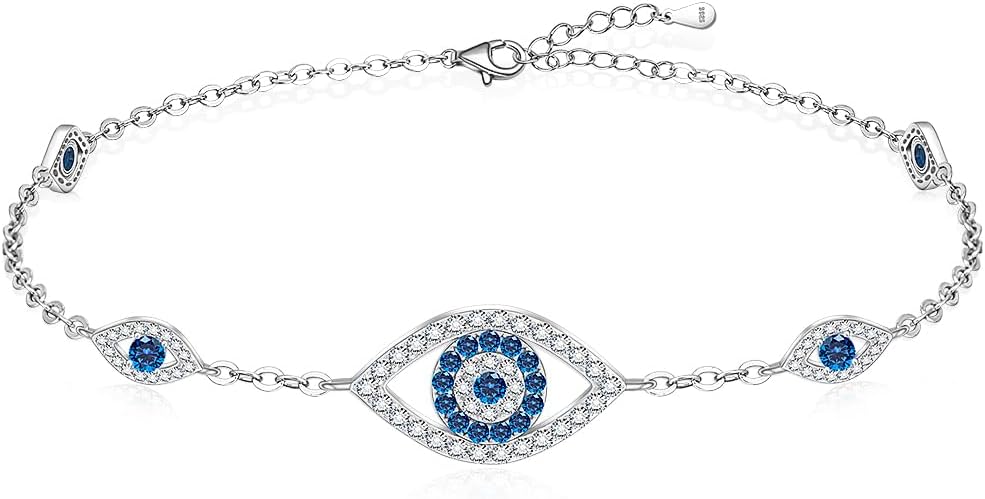 Blue Evil Eyes Link Bracelet, Evil Eye Earrings, S925 Sterling Silver Dainty Cubic Zirconia Adjustable Link Lobster Claw Clasp Chain Jewelry