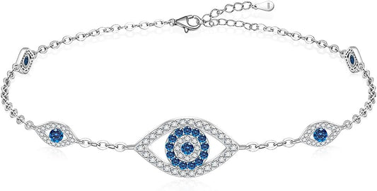 Blue Evil Eyes Link Bracelet, Evil Eye Earrings, S925 Sterling Silver Dainty Cubic Zirconia Adjustable Link Lobster Claw Clasp Chain Jewelry