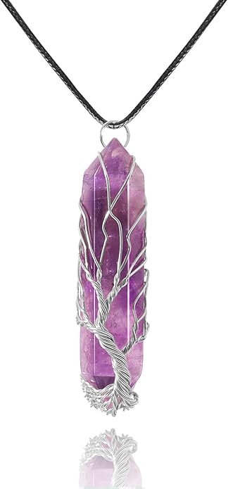 VIBILIA Healing Crystal Necklace Tree of Life Wire Wrapped Natural Stone Point Pendant Necklace Hexagonal Reiki Spiritual Quartz Gemstone Jewelry for Women Men
