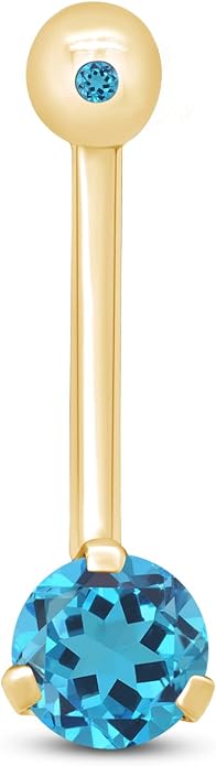 AFFY Internally Threaded Belly Button Navel Ring for Women, Three-Prong Round Simulated Birthstone in 14K Gold Over 925 Sterling Silver, Body Piercing Jewelry Gift