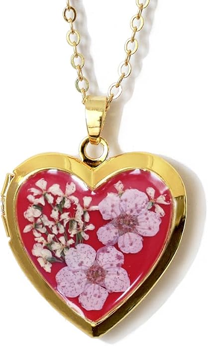 Handmade Heart Shaped Dried Pressed Forget Me Not Flower Photo Locket Pendant Necklace