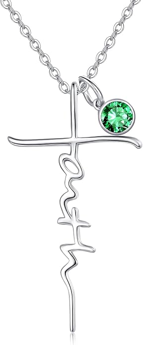 PRAYMOS Faith Cross Necklace for Women 925 Sterling Silver Pendant Necklace With Birthstone Initial Christian Religious Confirmation Baptism Mothers Day Gifts