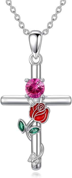 Birthstone Cross Necklace 925 Sterling Silver Rose with Butterfly Birthstone Cross Pendant Necklace Jewelry Gifts for Women Birthday Christmas