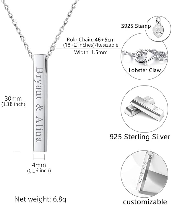 U7 Engravable Bar Necklace, Womens Choker Necklace Stainless Steel Custom Engrave Text Horizontal/Vertical Bar Pendant Necklaces for Men Women