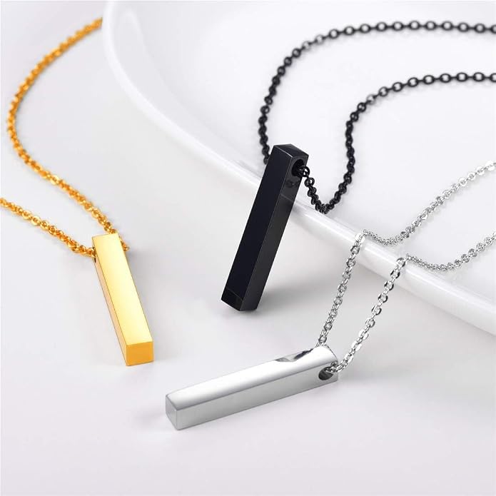 U7 Engravable Bar Necklace, Womens Choker Necklace Stainless Steel Custom Engrave Text Horizontal/Vertical Bar Pendant Necklaces for Men Women
