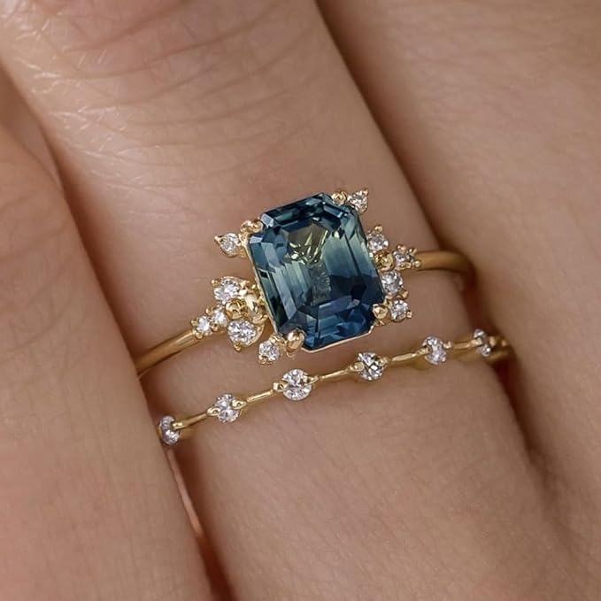 Cutesmile 2pcs Gold Ring Set Fashion Simple Tiny 14k Gold Filled Perfect Princess Cut Peacock Blue Gemstone CZ Crystal Diamond Engagement Wedding Rings Set Size 5-11 for Women(8)