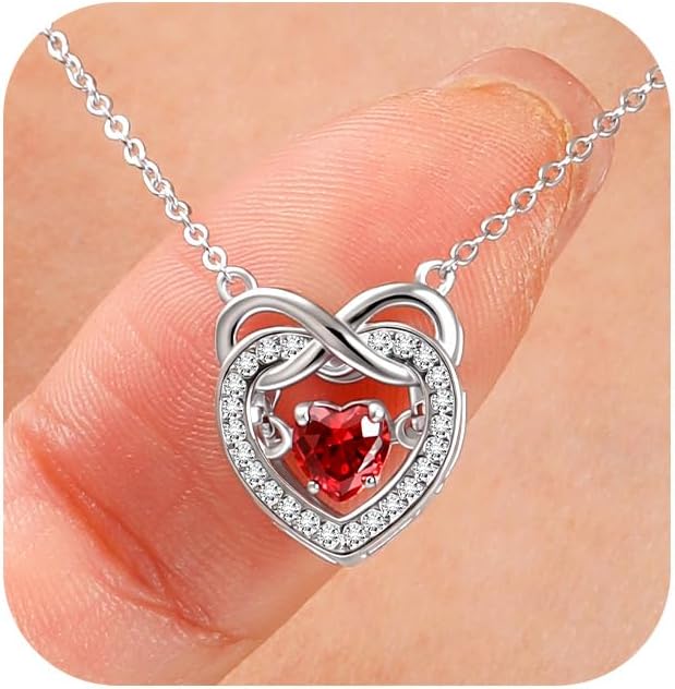 Trendy Dainty Infinity Birthstone Necklace, Dancing Heart 18K White Gold Plated 925 Sterling Silver Heart Necklace, Romantic Love Jewelry Graduation Gifts for Women Her