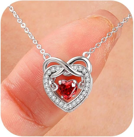 Trendy Dainty Infinity Birthstone Necklace, Dancing Heart 18K White Gold Plated 925 Sterling Silver Heart Necklace, Romantic Love Jewelry Graduation Gifts for Women Her