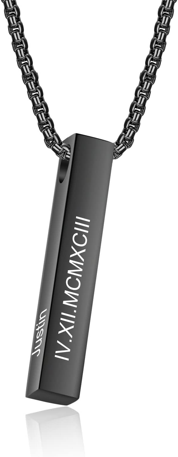 Personalized Men Necklace: Custom Chains For Men, Black 3d Bar Name Pendant, Engraved Necklace for Men, Gift For Dad, Husband, Boyfriend