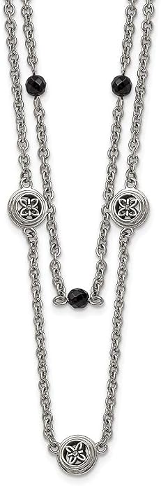 Solid Stainless Steel Black Onyx 2in Extension Layered Necklace Chain - with Secure Lobster Lock Clasp 23.75"