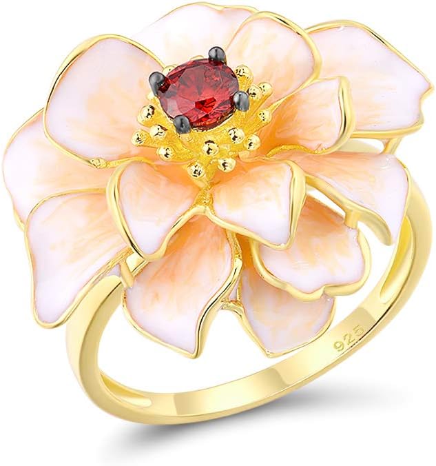 Santuzza 925 Sterling Silver Enamel Flower Statement Ring for Women