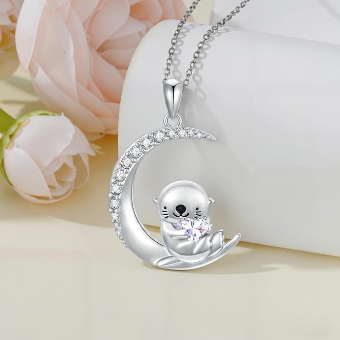 PROESS Animal Birthstone Necklace 925 Sterling Silver Otter/Axolotl/Hippo/Elephant/Dachshund/Monkey/Red Panda Pendant Necklace Animal Birthstone Jewelry Gifts for Women