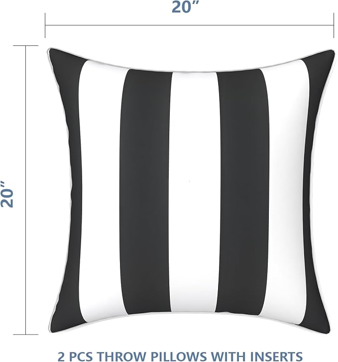 LVTXIII Outdoor Throw Pillows 20x20 Patio Waterproof Square Pillows with Piping Fade Resistant Accent Pillow for Spring Summer Garden Decoration, Set of 2, Cabana Black