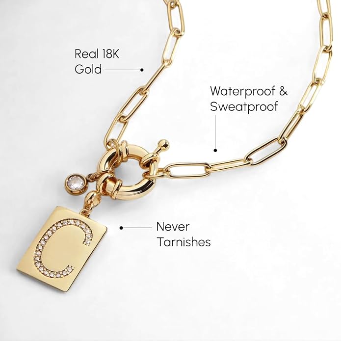 Mint & Lily Gold Initial Necklace for Women – 18K Gold Plated 24” Paperclip Chain with Sparkling Letter Pendant