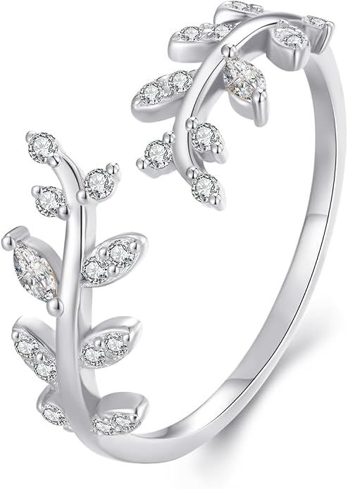 MUNDELL 925 Sterling Silver Simple Multi-layer Leaf Adjustable Ring Green Lucky Leaves Statement Ring for Women Promise Ring Fine Jewelry